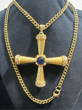 Beautiful MCM Multicolored Cabochon & Rhinestone Cross Pendant Necklace
